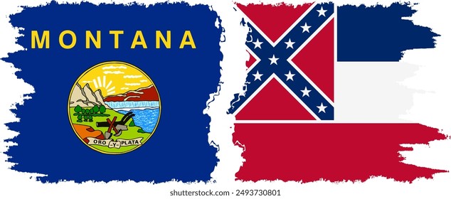 Mississippi and Montana states grunge brush flags connection, vector