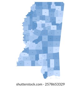 Mississippi, MS - detailed political map of US state. Administrative map divided into counties. Blue map with county name labels. Vector illustration