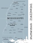 Mississippi, MS, gray political map with capital Jackson, and large and important cities. State in the Southeastern region of the United States, nicknamed The Magnolia State and The Hospitality State.