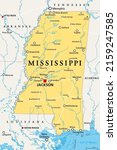 Mississippi, MS, political map, with capital Jackson, important cities, rivers and lakes. State in the Southeastern region of the United States, nicknamed The Magnolia State and The Hospitality State.