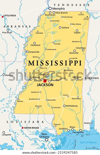 Mississippi, MS, political map, with capital\
Jackson, important cities, rivers and lakes. State in the\
Southeastern region of the United States, nicknamed The Magnolia\
State and The Hospitality\
State.