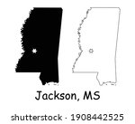 Mississippi MS state Map USA with Capital City Star at Jackson. Black silhouette and outline isolated on a white background. EPS Vector