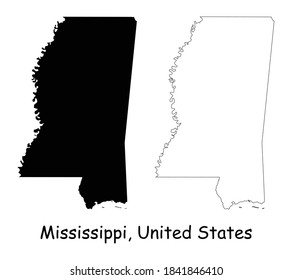 Mississippi MS state Maps. Black silhouette and outline isolated on a white background. EPS Vector