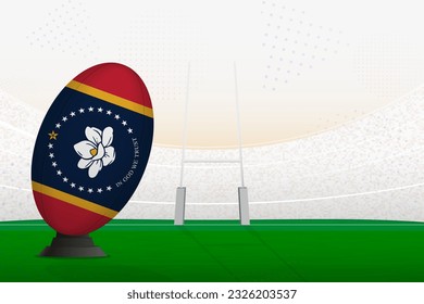 La selección nacional de rugby de Mississippi en el estadio de rugby y en los puestos de gol, preparándose para un penal o patada libre. Ilustración vectorial.