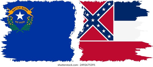 Mississippi and Nevada states grunge brush flags connection, vector