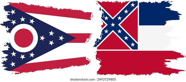 Mississippi and Ohio states grunge brush flags connection, vector