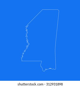 Mississippi outline map, stroke. Line style. White and blue. Vector EPS8