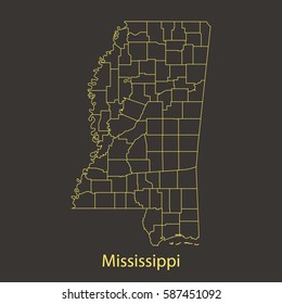 Mississippi outline,stroke of map with administrative division. Vector illustration
