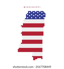 Mississippi pixel flag map icon. 8 bit pixel art map covered with american flag. Flat vector illustration isolated on white background.