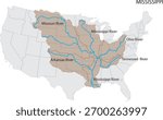 Mississippi River System and Basins Labelled on USA Map