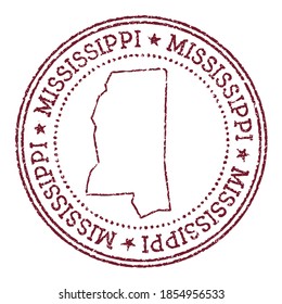 Mississippi round rubber stamp with US state map. Vintage red passport stamp with circular text and stars, vector illustration.