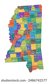 Mississippi shape. State word cloud with county division. Mississippi colored illustration. County names cloud. Vector illustration.