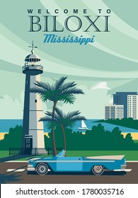 Mississippi sightseeings with Biloxi on a travel poster in vintage design with a retro palette