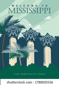 Mississippi sightseeings on a travel poster in vintage design with a retro palette