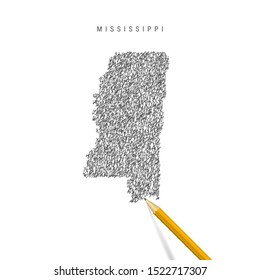 Mississippi sketch scribble map isolated on white background. Hand drawn vector map of Mississippi. Realistic 3D pencil.