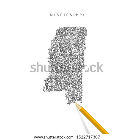 Mississippi sketch scribble map isolated on white background. Hand drawn vector map of Mississippi. Realistic 3D pencil.