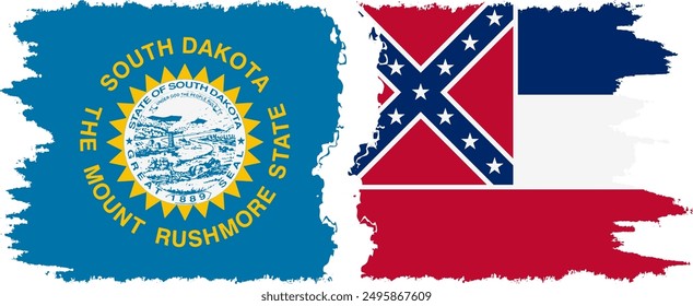 Mississippi and South Dakota states grunge brush flags connection, vector