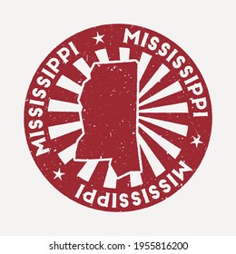 Mississippi stamp. Travel red rubber stamp with the map of the US state, vector illustration. Can be used as insignia, logotype, label, sticker, or badge of Mississippi.