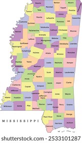 Mississippi state administrative map with counties. Colored. Vectored. Bright colors