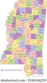 Mississippi state administrative map with counties and seats. Colored. Vectored. Bright colors