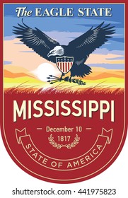 Mississippi state emblem, eagle, sunrise on a red background