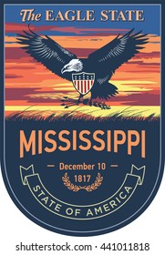 Mississippi state emblem, eagle, sunset on a blue background