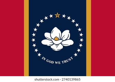 Mississippi state flag 3-2 ratio. Part of The United States of America. Clean design for print, web, or educational use. Vector illustration.