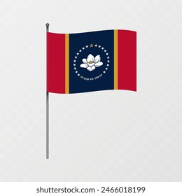 Mississippi state flag on flagpole. Vector illustration.