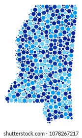 Mississippi State Map collage of circle elements in variable sizes and blue color hues. Random dots are combined into Mississippi State Map mosaic. Vector geographic blue map design concept.