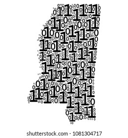 Mississippi State Map collage icon of binary digits in different sizes. Vector digits are combined into Mississippi State Map illustration design concept.