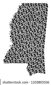 Mississippi State map composition of dollars and circle points in different sizes. Abstract vector treasury and GDP Mississippi State map.