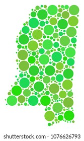 Mississippi State Map composition of randomized filled circles in different sizes and eco green color tints. Vector round dots are organized into mississippi state map collage.