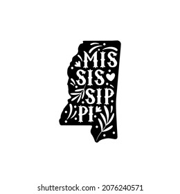 Mississippi state map with doodle decorative ornaments. For printing on souvenirs and T-shirts