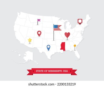 Mississippi State map highlighted on USA map. Mississippi map on United state of America with flag and navigation icons.