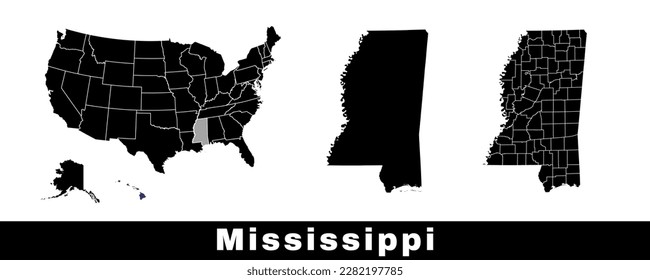 Mapa estatal de Mississippi, EEUU. Conjunto de mapas de Mississippi con borde de borde, condados y mapa de estados de EE. Ilustración vectorial de color blanco y negro.