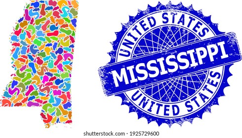 Imagen vectorial del mapa de estado de Mississippi. Mapa de mosaico y sello impuro para el estado de Misisipi. Sello azul rosetón nítido con etiqueta para el mapa del estado de Misisipi.
