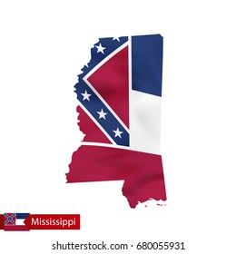 Mississippi state map with waving flag of US State. Vector illustration.