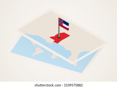 Mississippi state selected on map with isometric flag of Mississippi. Vector paper map.