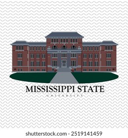 Mississippi state university main building illustration file with lawn in front of it. american architecture beautiful building of city college design. mississippi landmark university