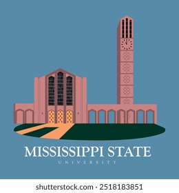 A torre principal da universidade estadual do Mississippi constrói um arquivo de ilustração vetorial de alta qualidade para impressão em banners e camisas. fundo azul com gramado verde no campus de arquitetura frontal. faculdade de 1878