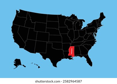 Mississippi State, USA, vector map isolated on United states map. Editable blank vector map of USA.