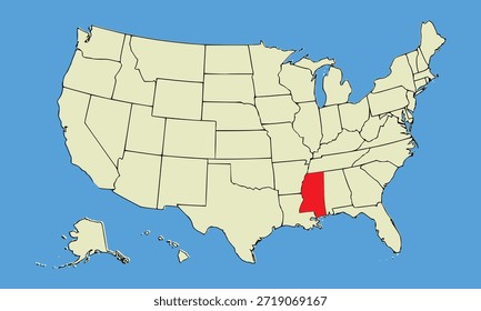 Estado de Misisipi, Estados Unidos, mapa de Vector aislado en mapa de Estados Unidos. Alta ilustración detallada. Estilo plano. Ilustración vectorial