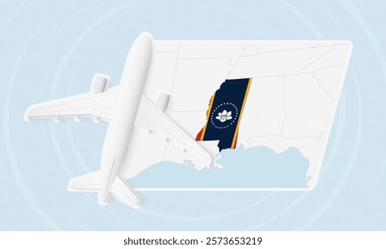 Mississippi Travel Illustration with Plane and National Flag. Ideal for travel agencies, promotional materials, or geographic content related to Mississippi.