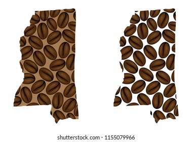 Mississippi (United States of America) -  map of coffee bean, Mississippi map made of coffee beans,