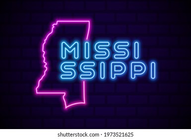 mississippi US state glowing neon lamp sign Realistic vector illustration Blue brick wall glow