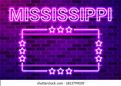 Mississippi US State glowing purple neon lettering and a rectangular frame with stars. Realistic vector illustration. Purple brick wall, violet glow, metal holders.