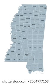 Mississippi, U.S. state, gray political map with borders and county names. State in the Southeastern region of United States, subdivided into 82 counties. Nicknamed The Magnolia and Hospitality State.