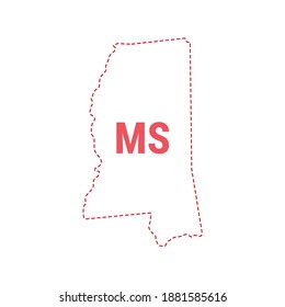 Mississippi US state map outline dotted border. Vector illustration. Two-letter state abbreviation.