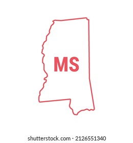 Mississippi US-Bundesstaat Karte rot Umrissgrenze. Vektorgrafik einzeln auf Weiß. Zweibuchstabige Abkürzung. Bearbeitbarer Strich. Passen Sie das Zeilengewicht an.