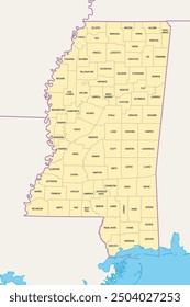 Mississippi, U.S. state, political map with borders and county names. State in the Southeastern region of the United States, subdivided into 82 counties. Nicknamed The Magnolia and Hospitality State.